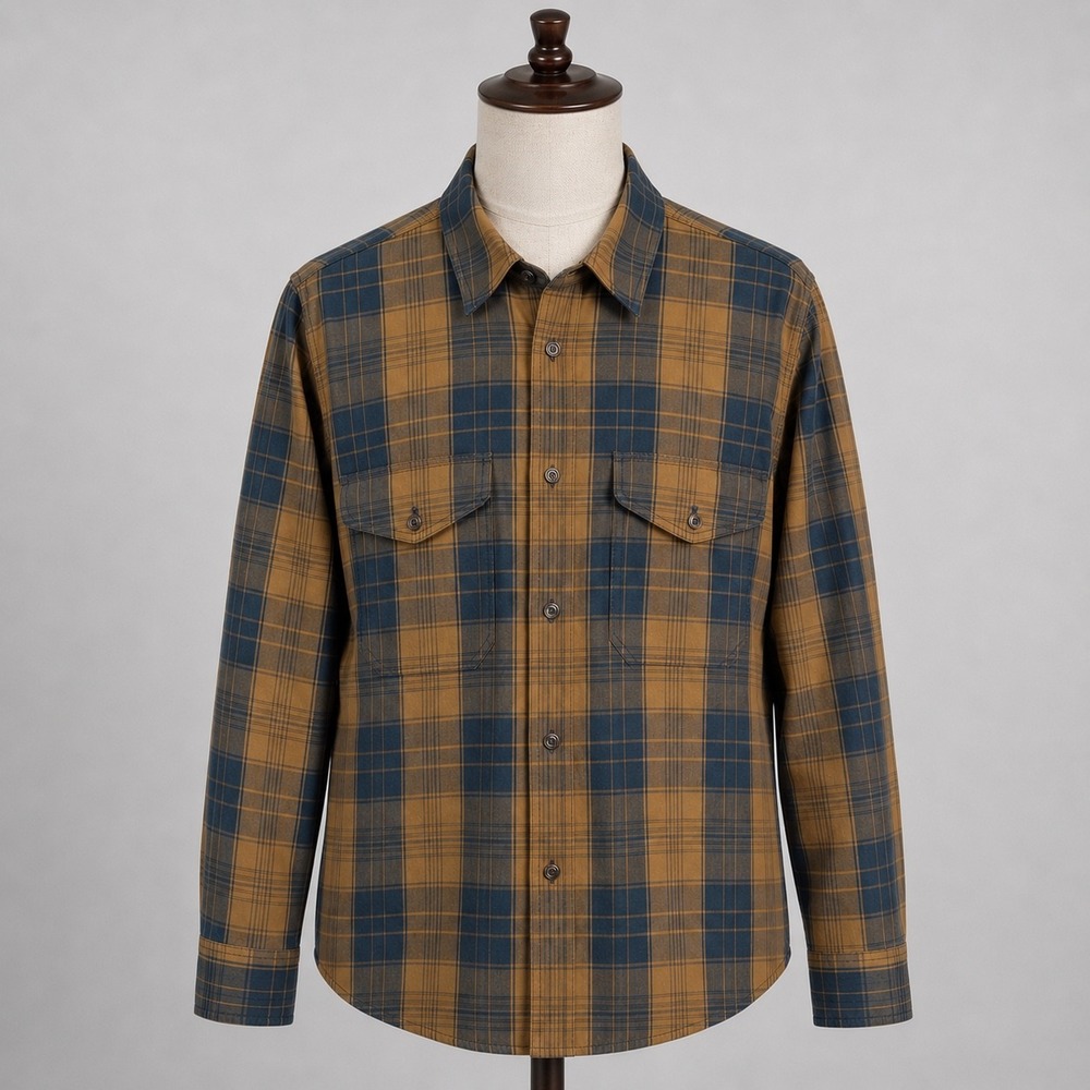 Filson Mens Plaid Button Down Utility Shirt Mustard Navy Blue Size Large L